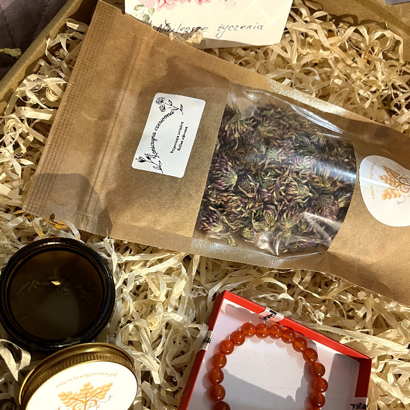 Zestaw prezentowy - herbata ziołowa, bransoletka z kamieni oraz świeca